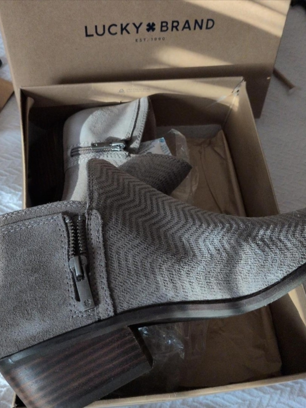 Lucky Brand Women's Grey Suede Heeled Booties with Side Zip